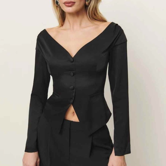 Reformation Irina Top Blouse - Black Satin Off Shoulder - Picture 3 of 8
